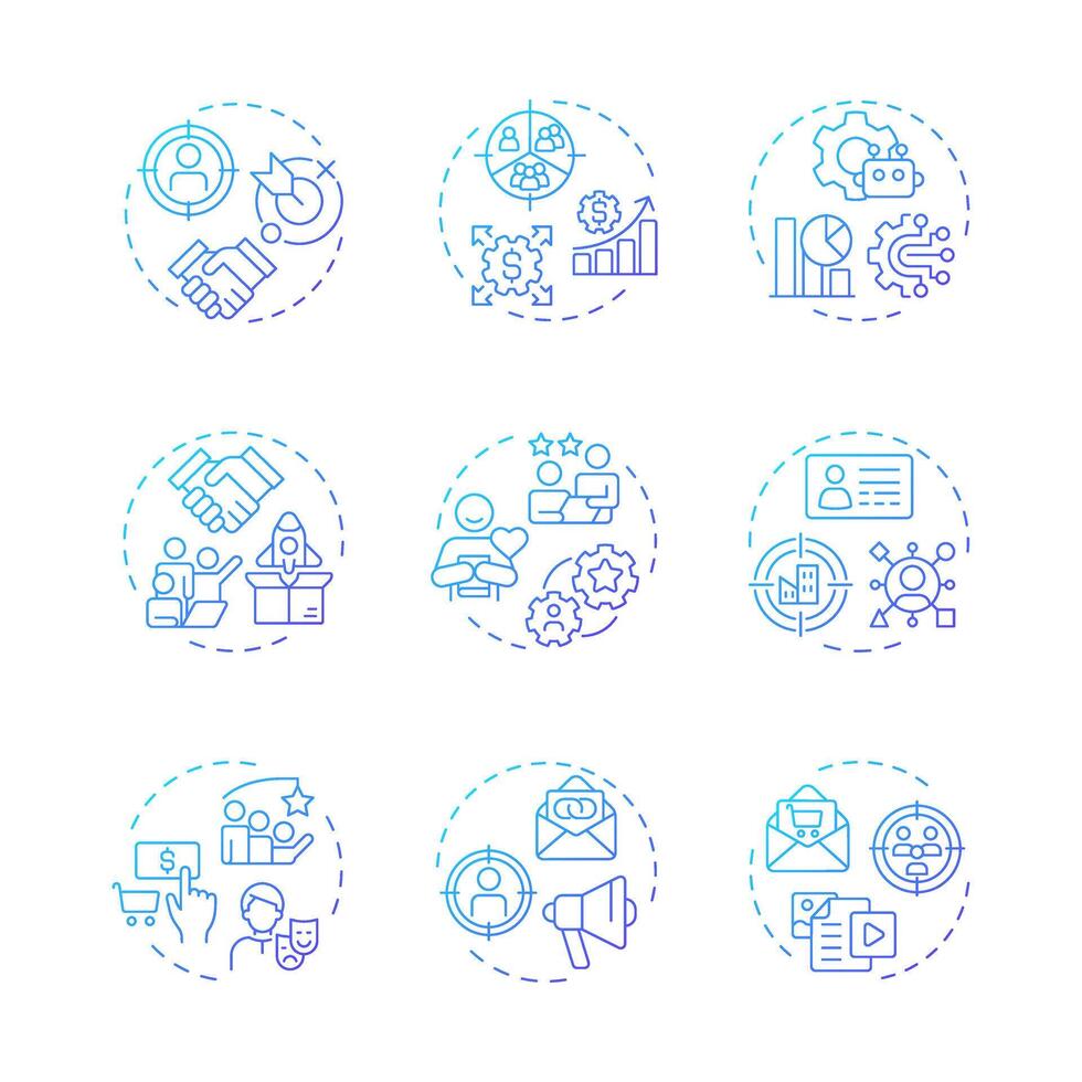 ABM blue gradient concept icons. Advertisement strategy, personalization. Targeted marketing. Icon pack. Round shape illustrations for infographic, presentation. Abstract idea vector