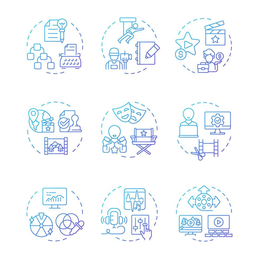 Film production multi color concept icons. Movie script, screenwriting. Funding management, directing. Icon pack. Round shape illustrations for infographic, presentation. Abstract idea vector