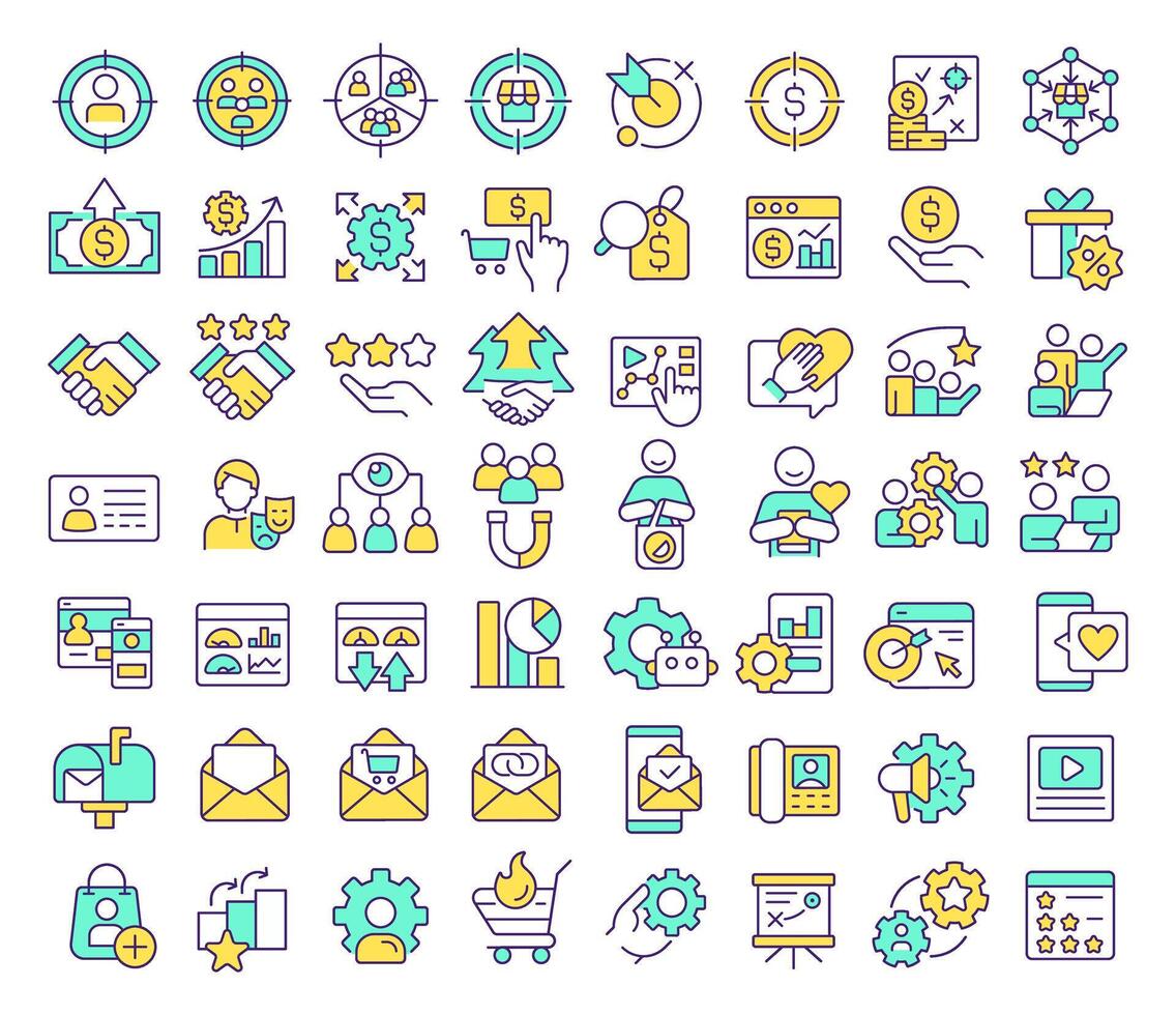 Account-based marketing RGB color icons set. Customer acquisition, sales cycle. Advertising strategy. Isolated illustrations. Simple filled line drawings collection. Editable stroke vector