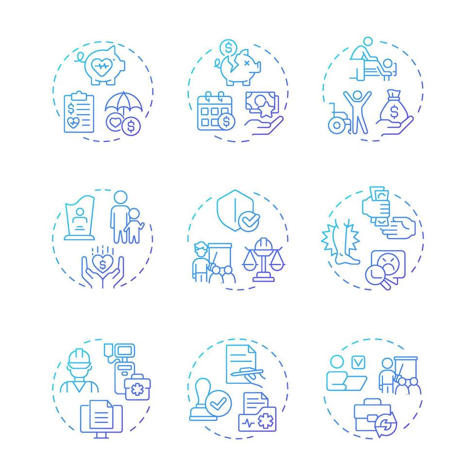 Workers compensation blue gradient concept icons. Workplace safety, medical service. Injury treatment. Icon pack. Round shape illustrations for infographic, presentation. Abstract idea vector