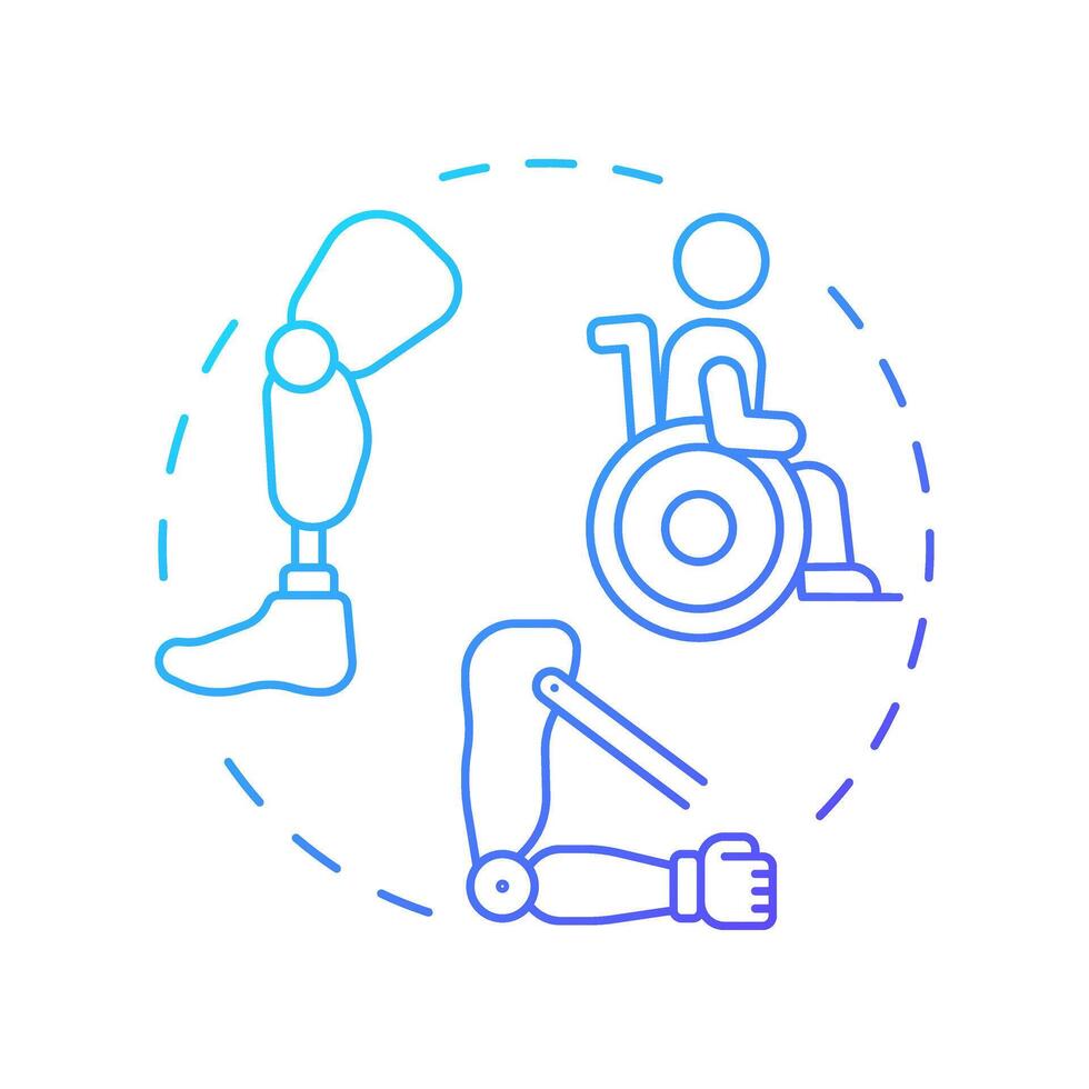 Physical disabilities blue gradient concept icon. Amputee rehabilitation, impairment. Round shape line illustration. Abstract idea. Graphic design. Easy to use in infographic, presentation vector