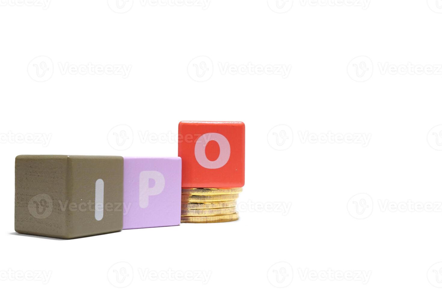 Text IPO Initial Public Offering on colorful wooden isolated on a white photo