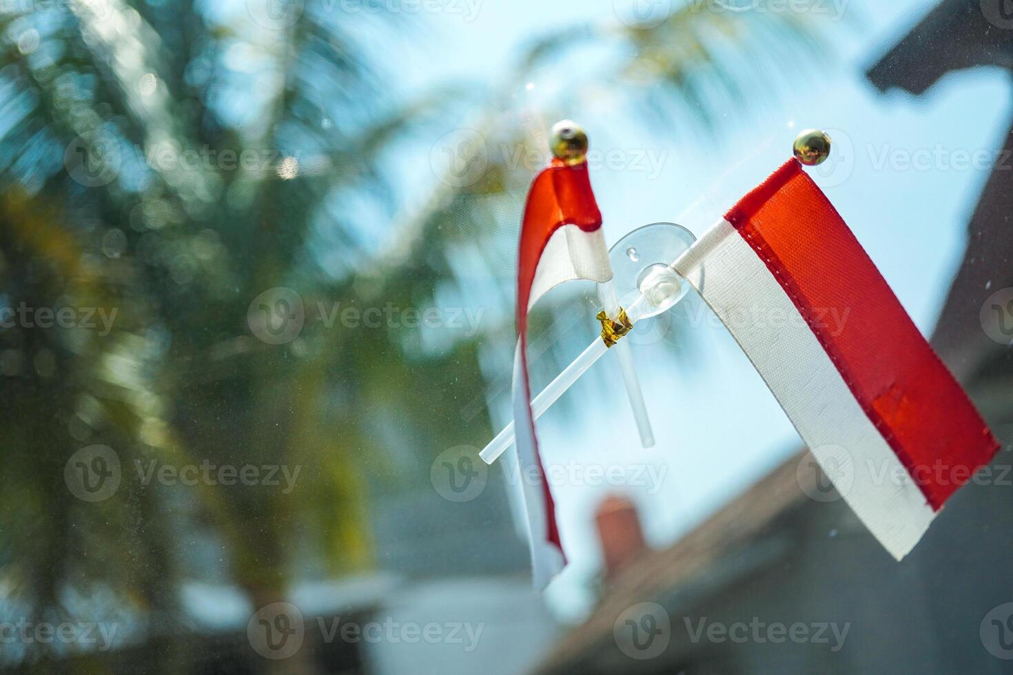 Indonesian flag attached to the car window with a view of a tree photo