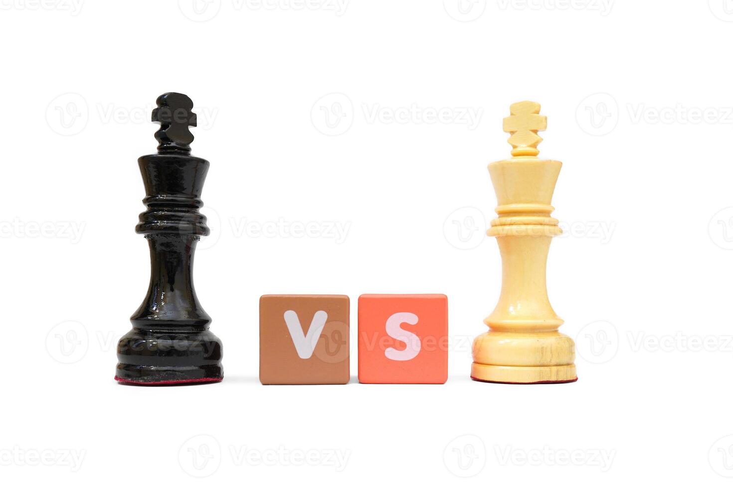 Close up shot of king vs king in chess and text VS wooden isolated on a white photo