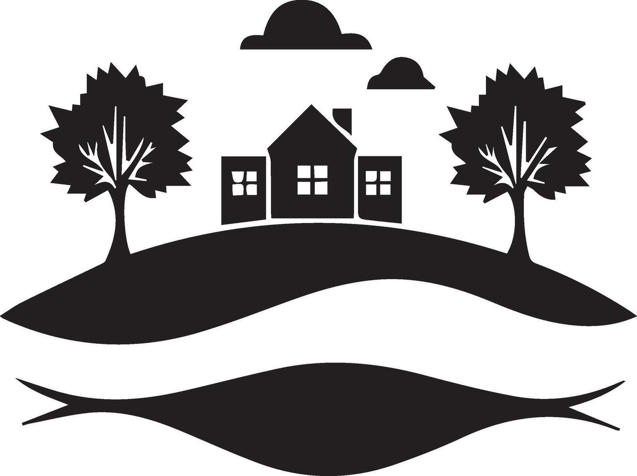 a black and white logo of a house and trees vector