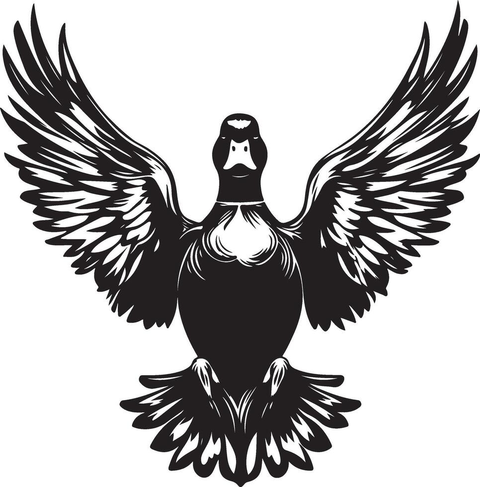 a black and white drawing of a duck with wings spread vector