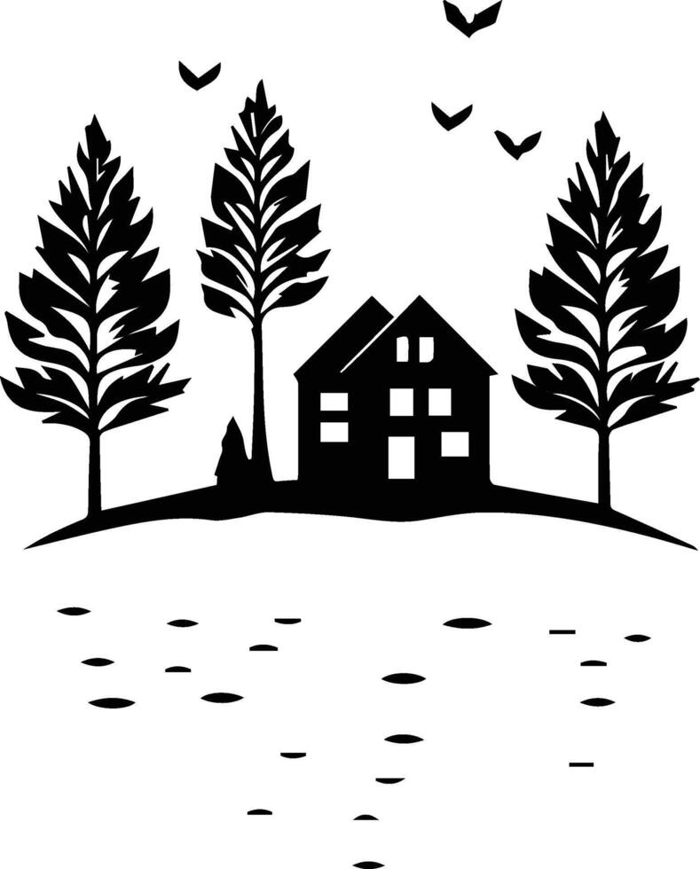 a black and white silhouette of a house and trees vector