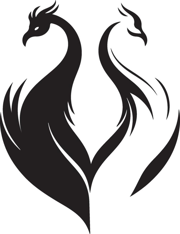 two black and white phoenixes are shown in a heart shape vector