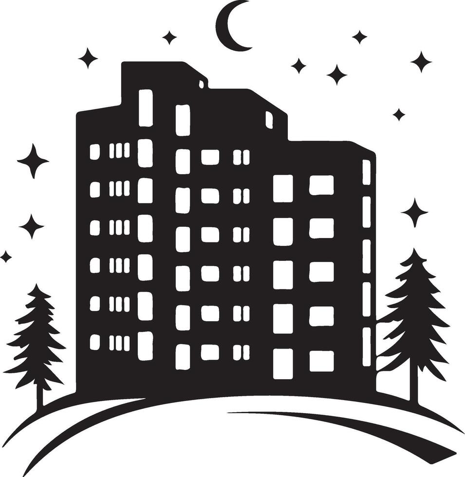 a black and white silhouette of a building with trees and stars vector