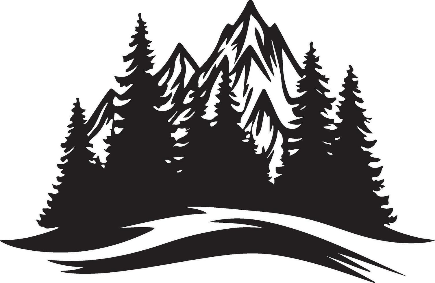 a black and white illustration of a mountain range with trees vector