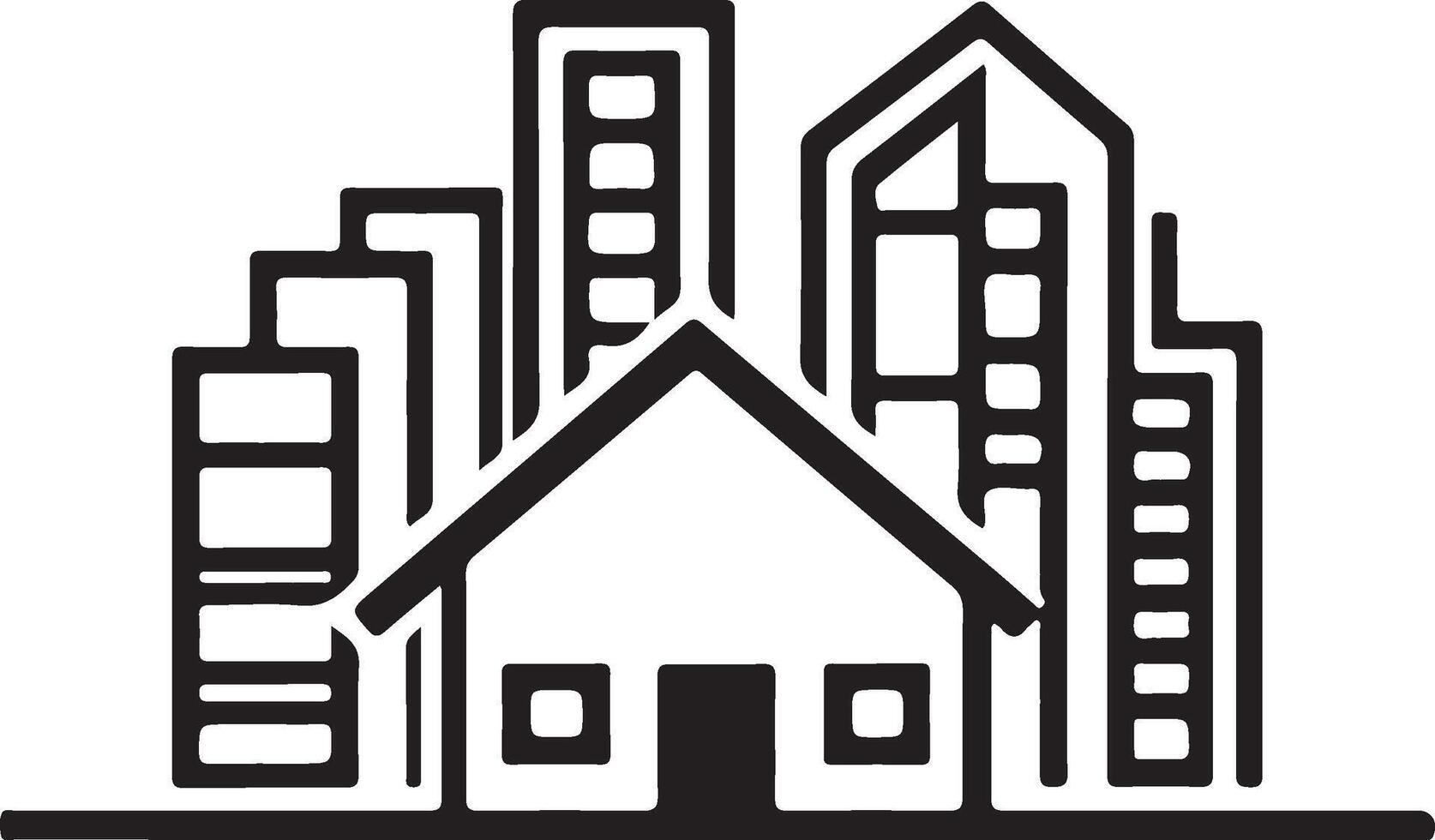 a black and white image of a house and skyscrapers vector