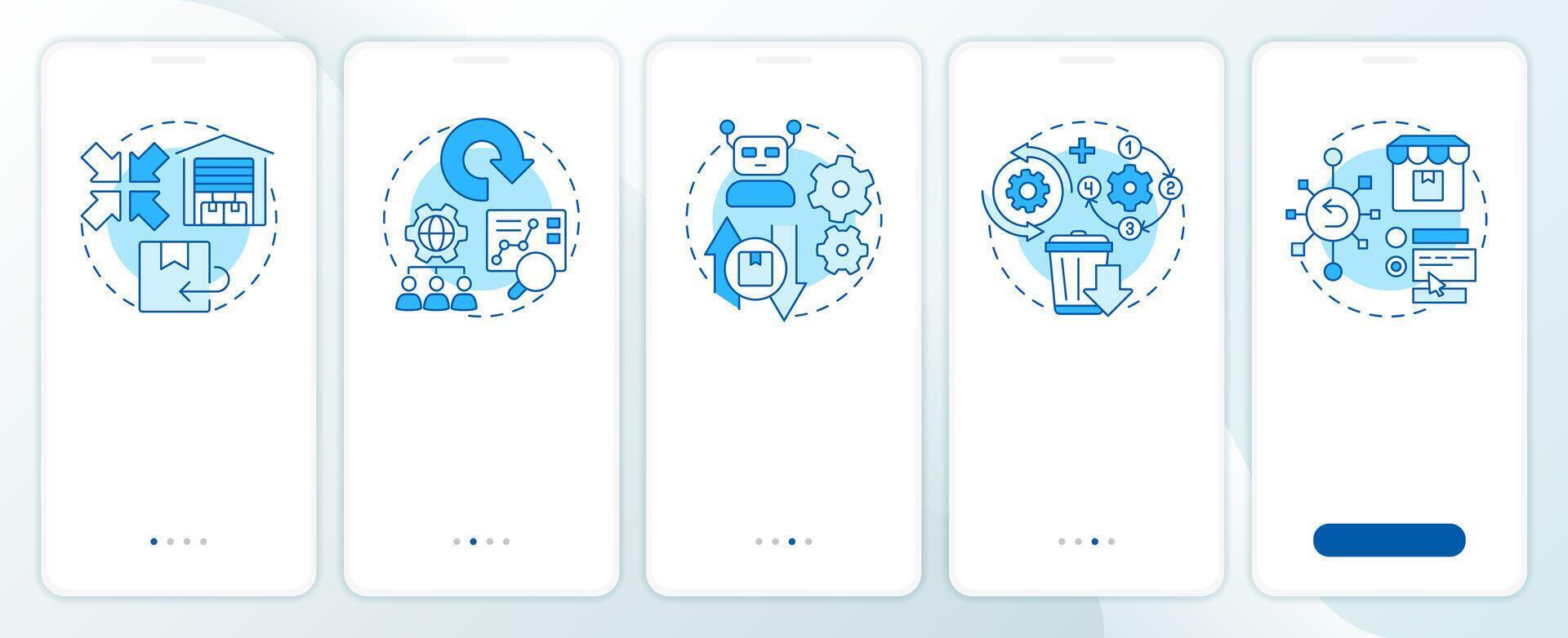 Reverse logistics strategies blue onboarding mobile app screen. Walkthrough 5 steps editable graphic instructions with linear concepts. UI, UX, GUI template vector