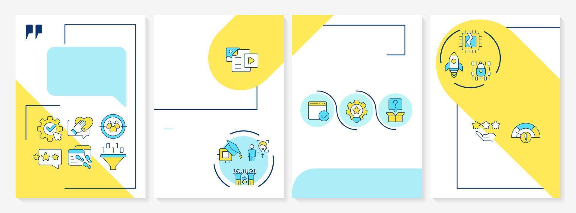 Recommendation system blue and yellow brochure template. Leaflet design with linear icons. Editable 4 layouts for presentation, annual reports vector