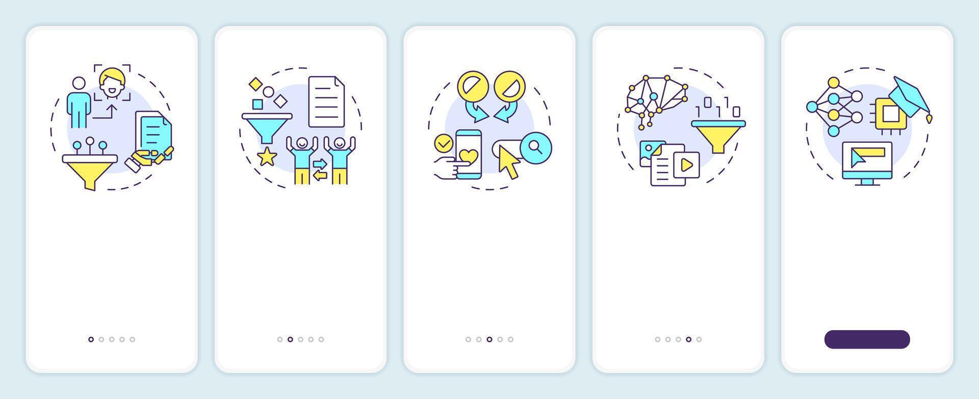 Recommendation system types onboarding mobile app screen. Walkthrough 5 steps editable graphic instructions with linear concepts. UI, UX, GUI template vector