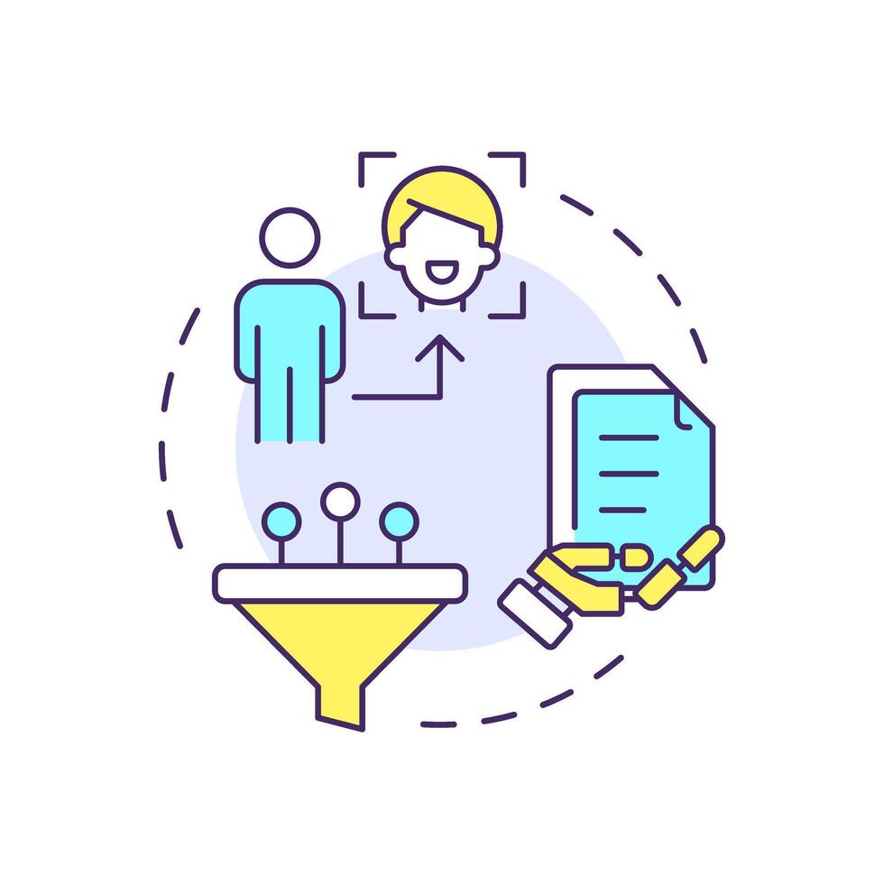 Content-based filtering multi color concept icon. Personalized advertising. Data control. Round shape line illustration. Abstract idea. Graphic design. Easy to use article, blog post vector