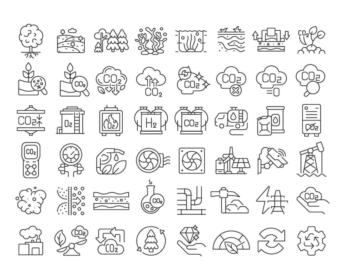 Carbon sequestration linear icons set. Atmosphere preservation, pipeline transportation. Co2 storage. Customizable thin line symbols. Isolated outline illustrations. Editable stroke vector