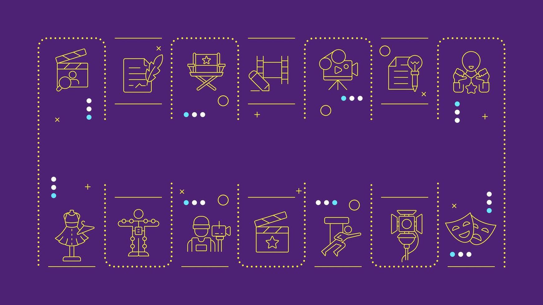 Filmmaking purple word concept. Movie script, screenwriting. Cinematography, television. Horizontal image. Headline text surrounded by editable outline icons vector