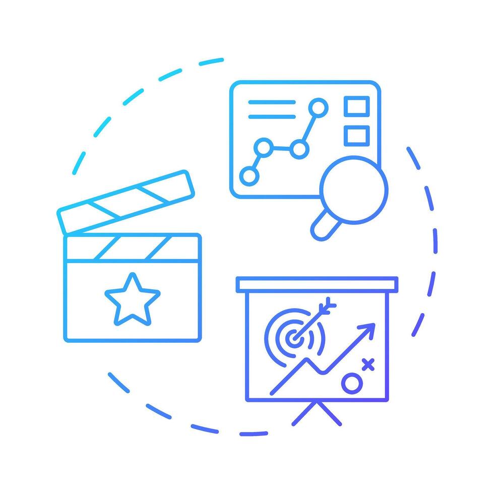 Film marketing multi color concept icon. Promoting strategy, business management. Round shape line illustration. Abstract idea. Graphic design. Easy to use in infographic, presentation vector