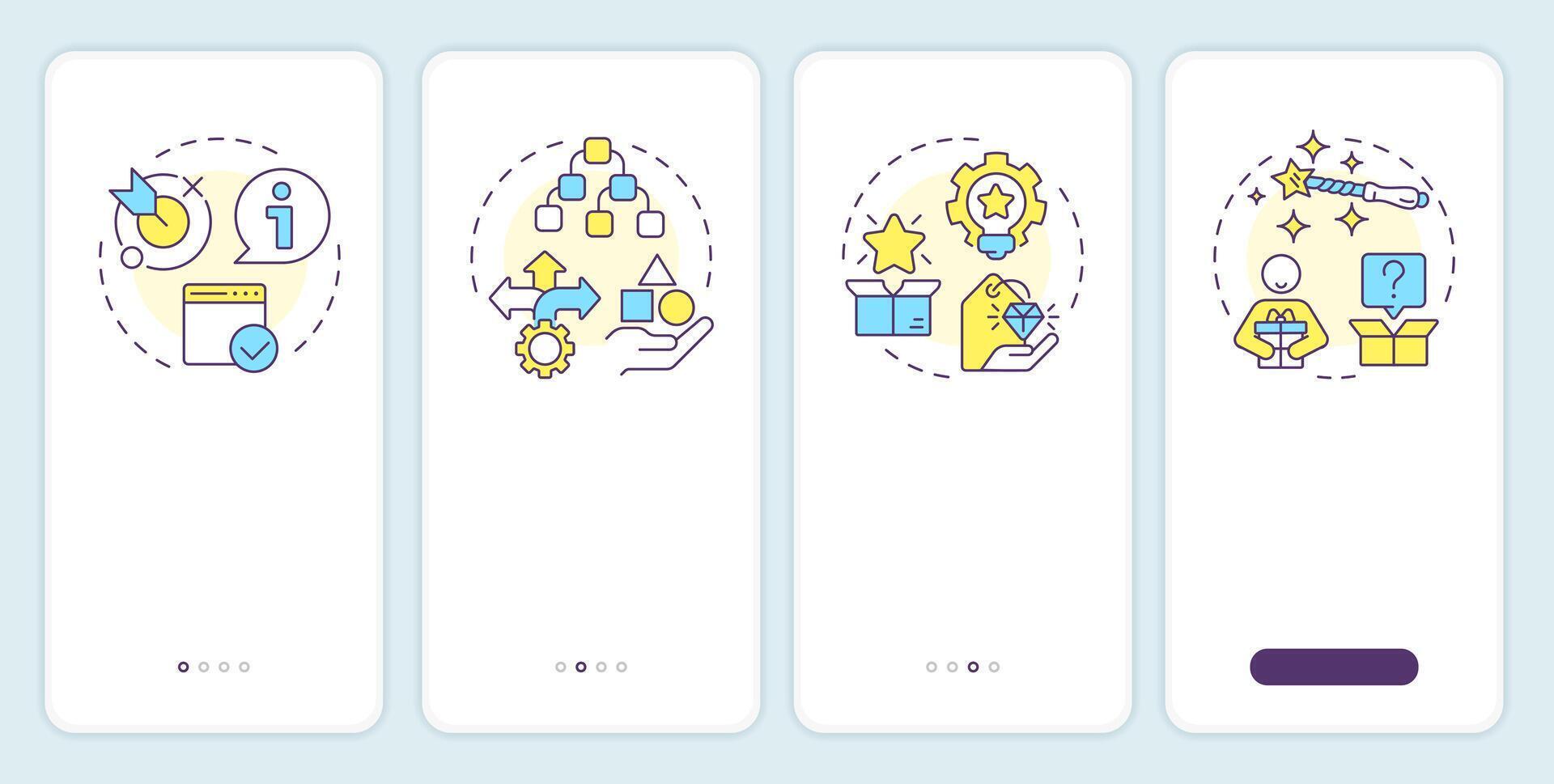 Recommender system metrics onboarding mobile app screen. Walkthrough 4 steps editable graphic instructions with linear concepts. UI, UX, GUI template vector