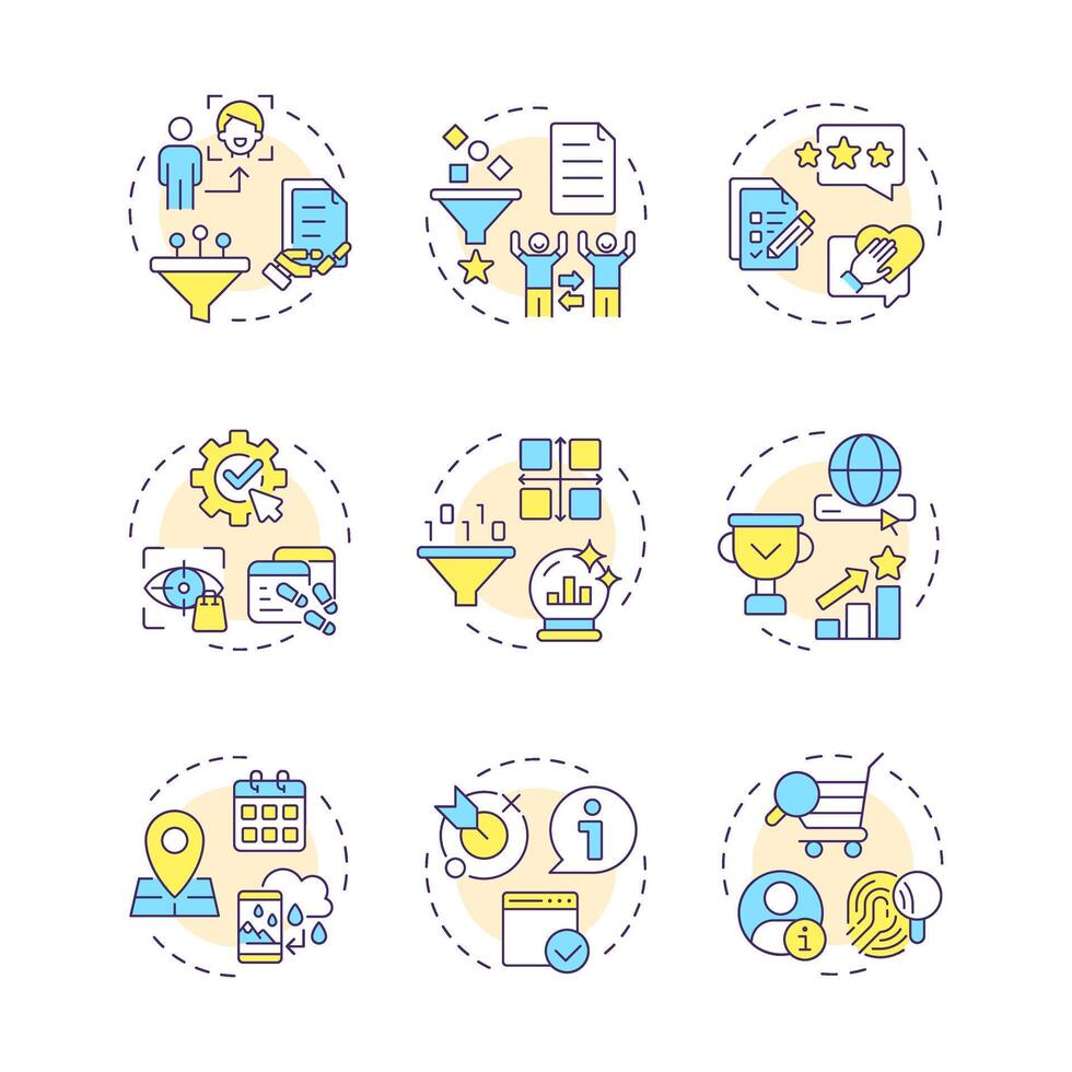 Recommender system multi color concept icons. Artificial intelligence, deep learning. Personalized content. Icon pack. Round shape illustrations for article, blog post. Abstract idea vector