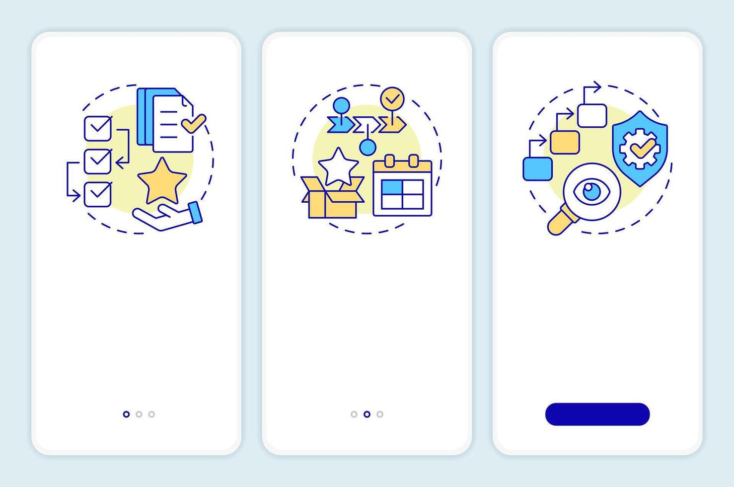 Shop floor control orders onboarding mobile app screen. Walkthrough 3 steps editable graphic instructions with linear concepts. UI, UX, GUI template vector