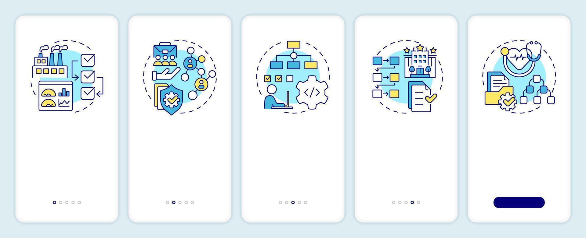SOP control examples onboarding mobile app screen. Walkthrough 5 steps editable graphic instructions with linear concepts. UI, UX, GUI template vector
