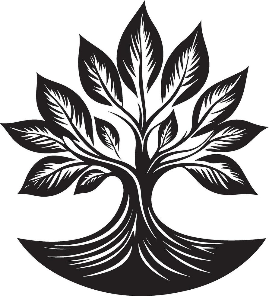 a black and white illustration of a tree with leaves vector