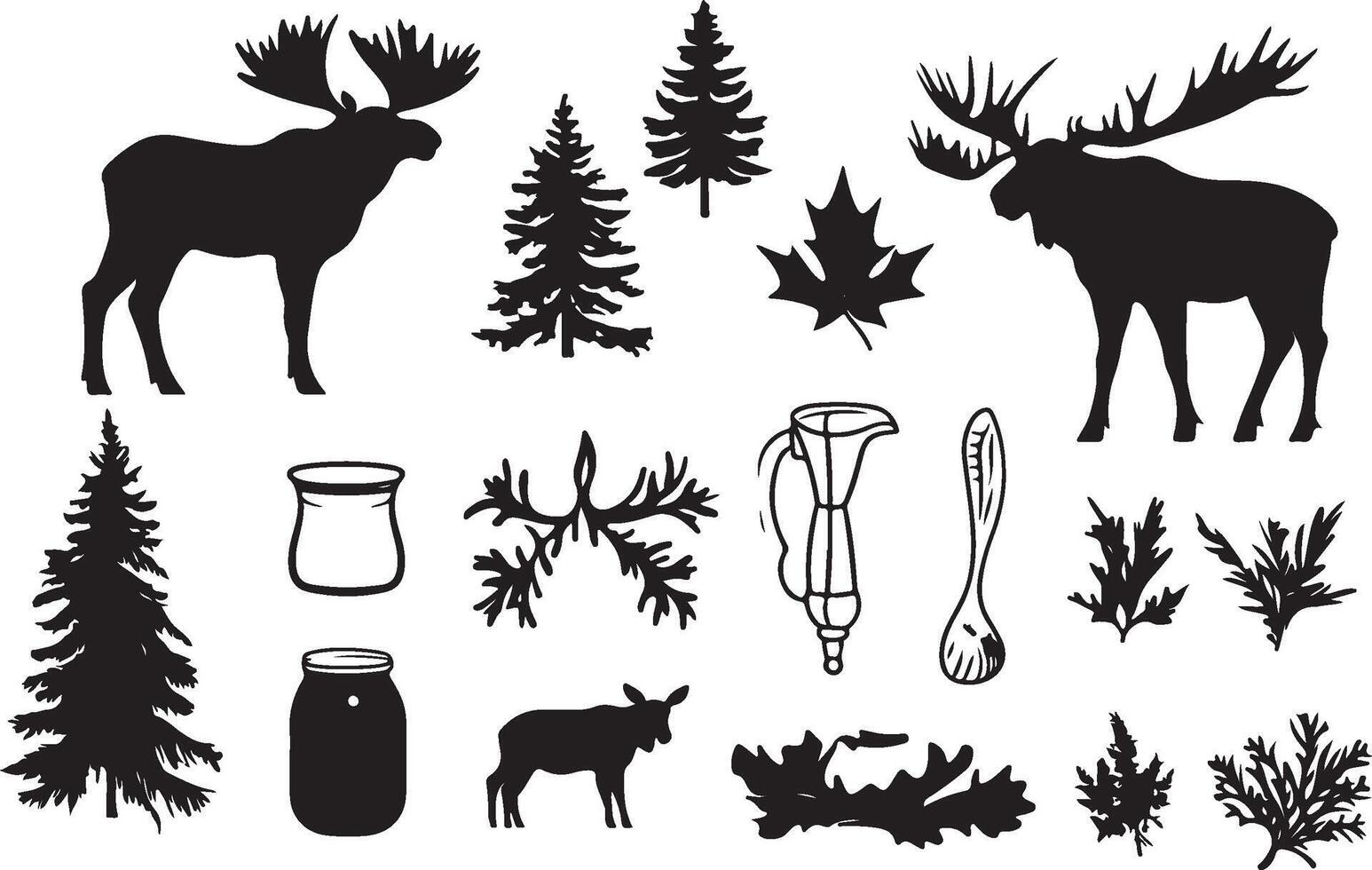 moose silhouette set, including a moose, tree, and other items vector