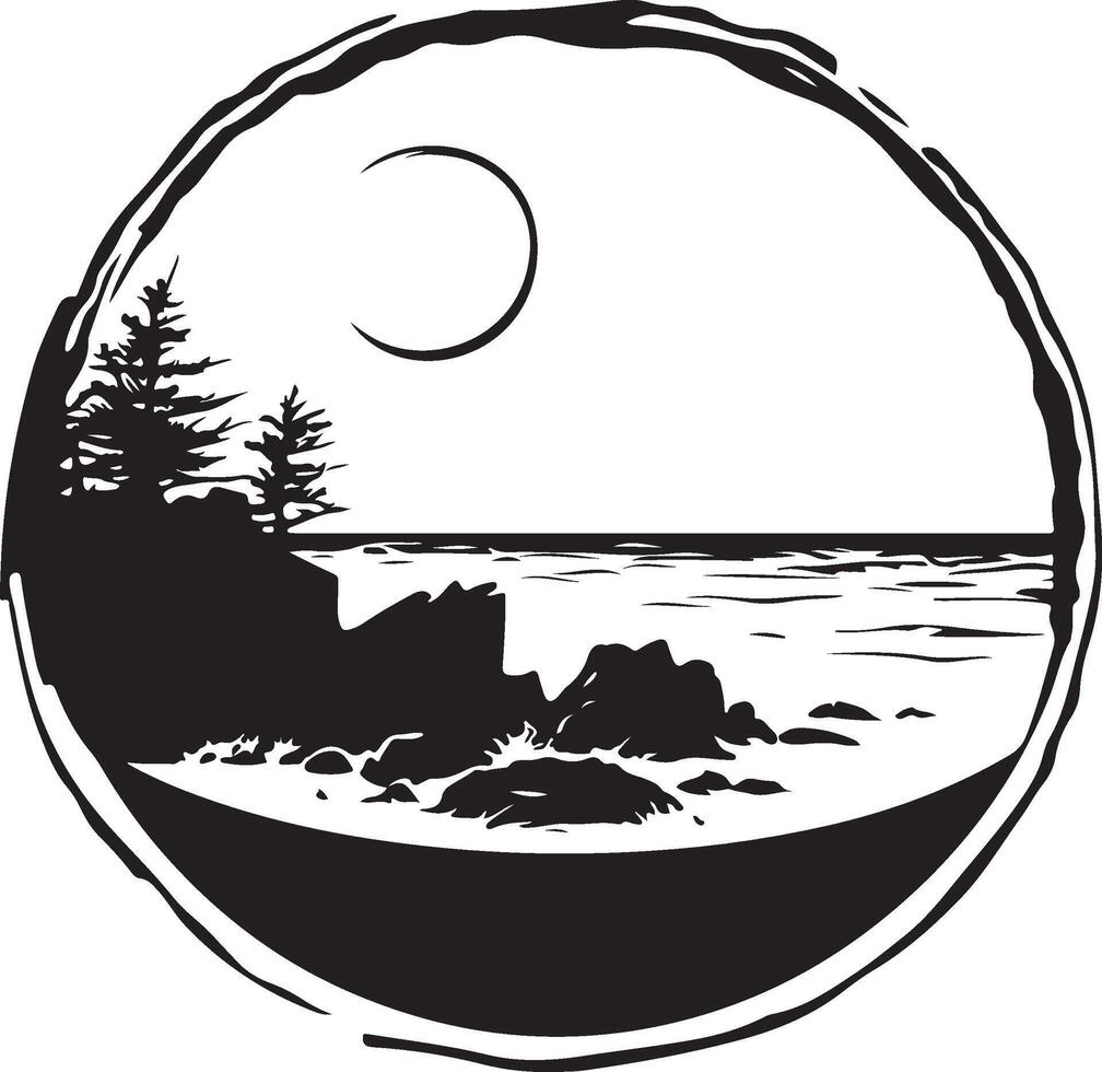 a black and white logo of a beach with trees and the moon vector