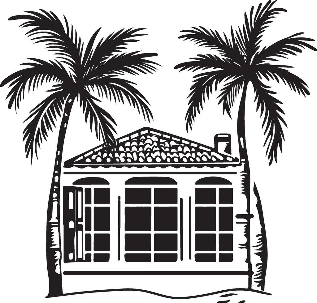 a black and white drawing of a house with palm trees vector