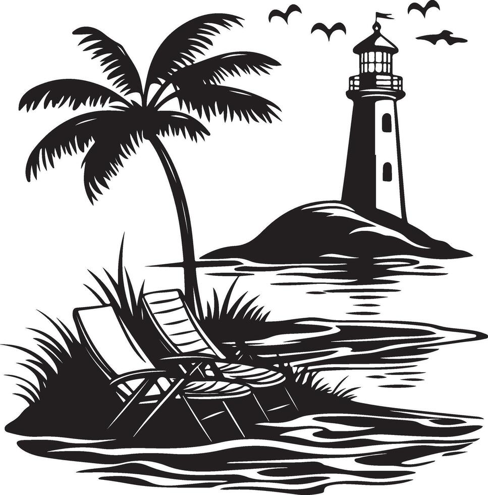 lighthouse and palm trees on the beach with a lighthouse in the background vector