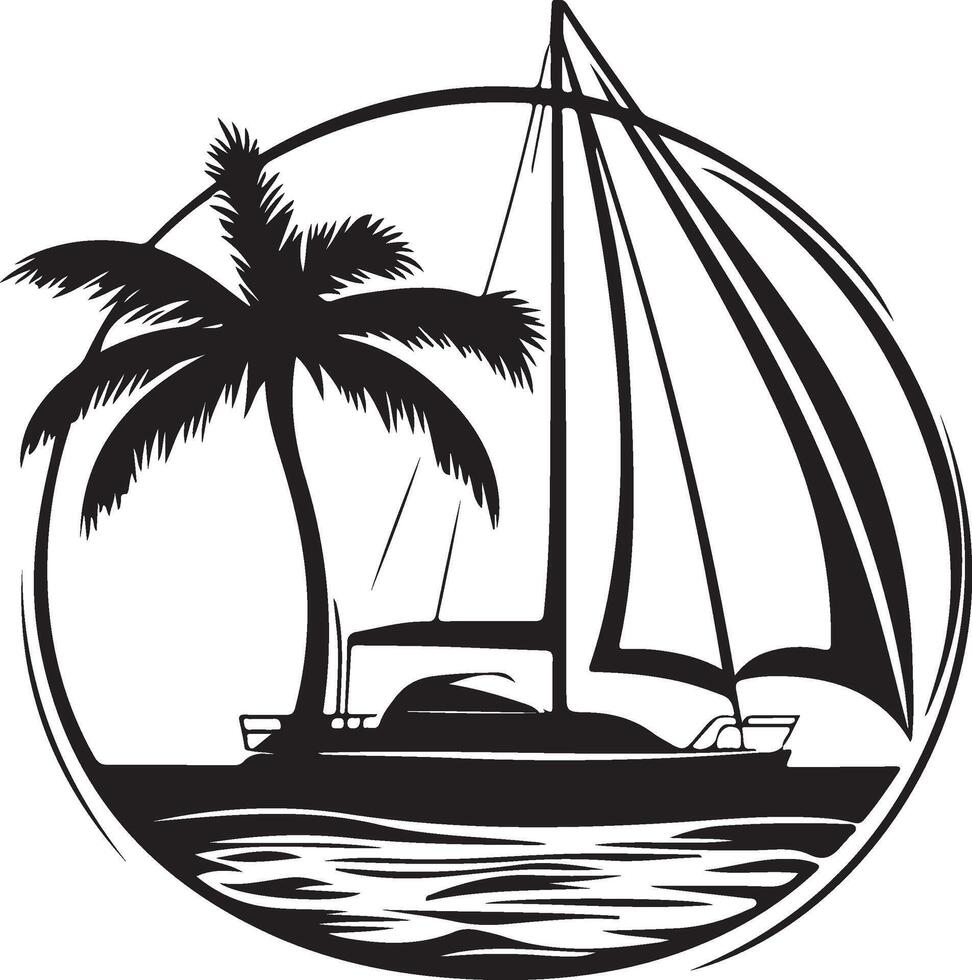 a black and white logo of a sailboat and palm tree vector