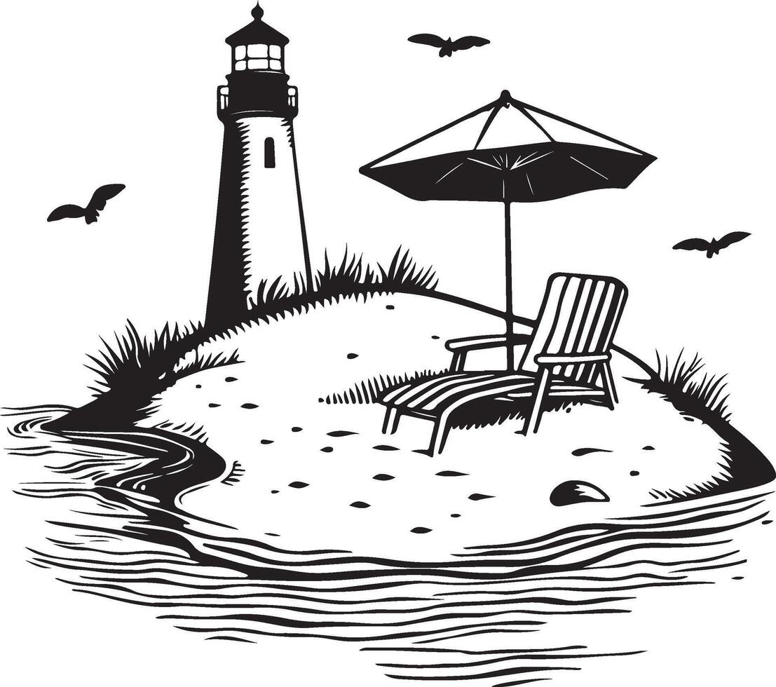 lighthouse and beach chair with umbrella illustration vector