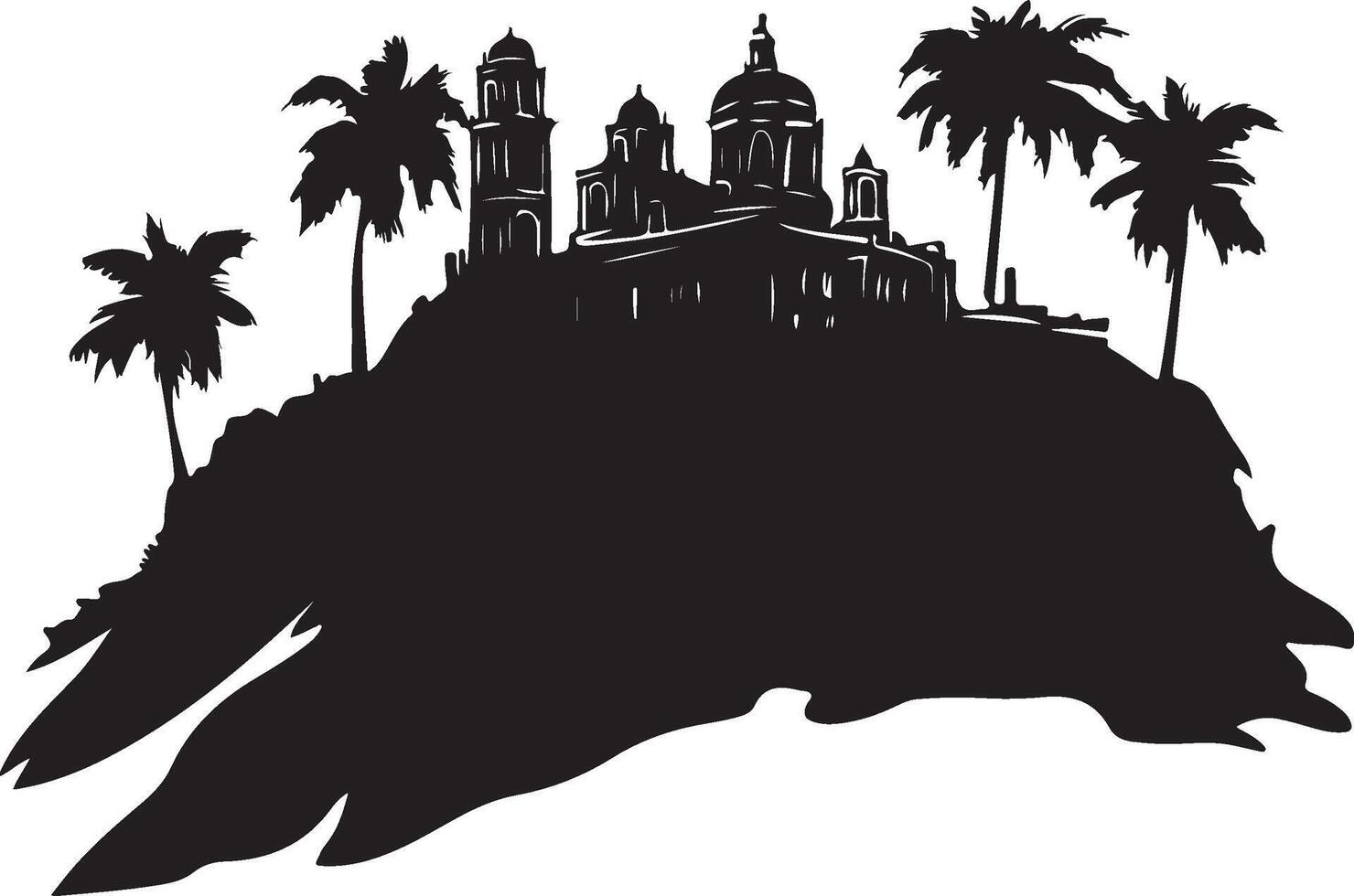 a silhouette of a church on a hill with palm trees vector