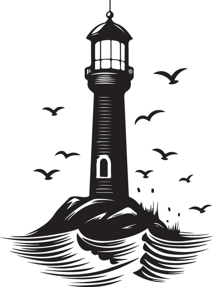 lighthouse with birds on the water illustration vector