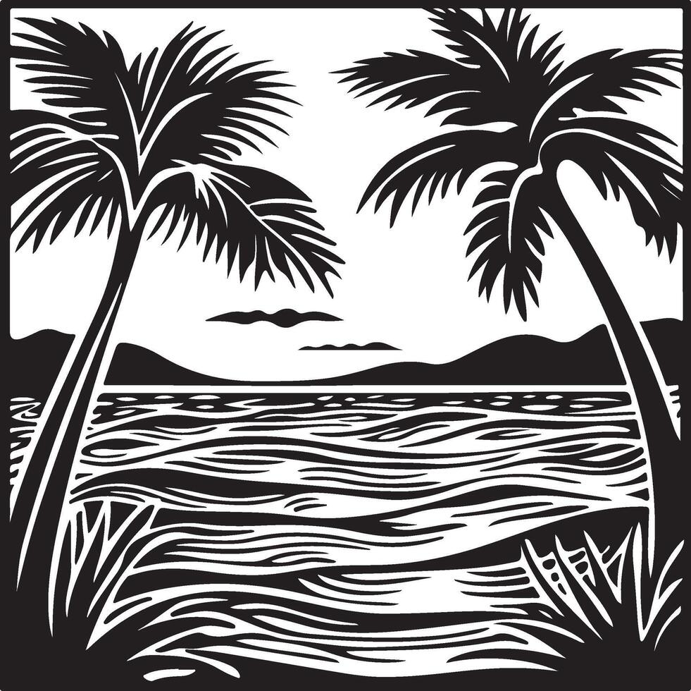 a black and white drawing of palm trees and the ocean vector