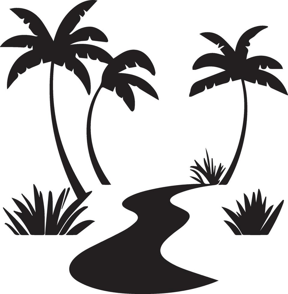 a black and white silhouette of palm trees and a path vector