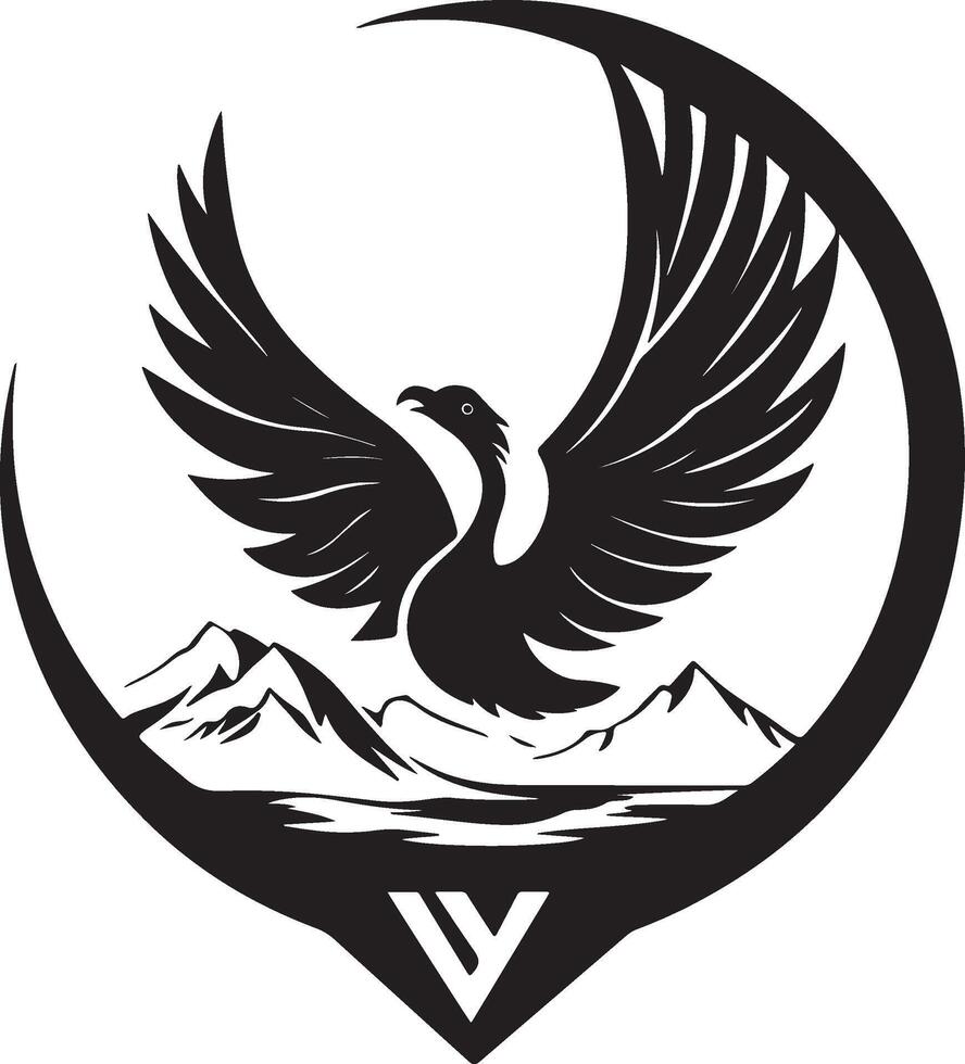 the viking logo with a black bird flying over mountains vector
