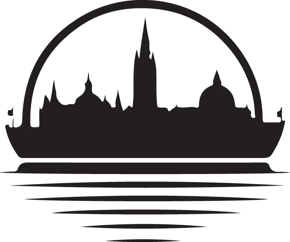 a silhouette of a city skyline with a river in the background vector