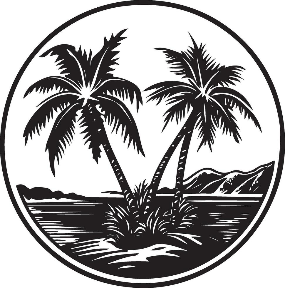 a black and white image of palm trees in a circle vector