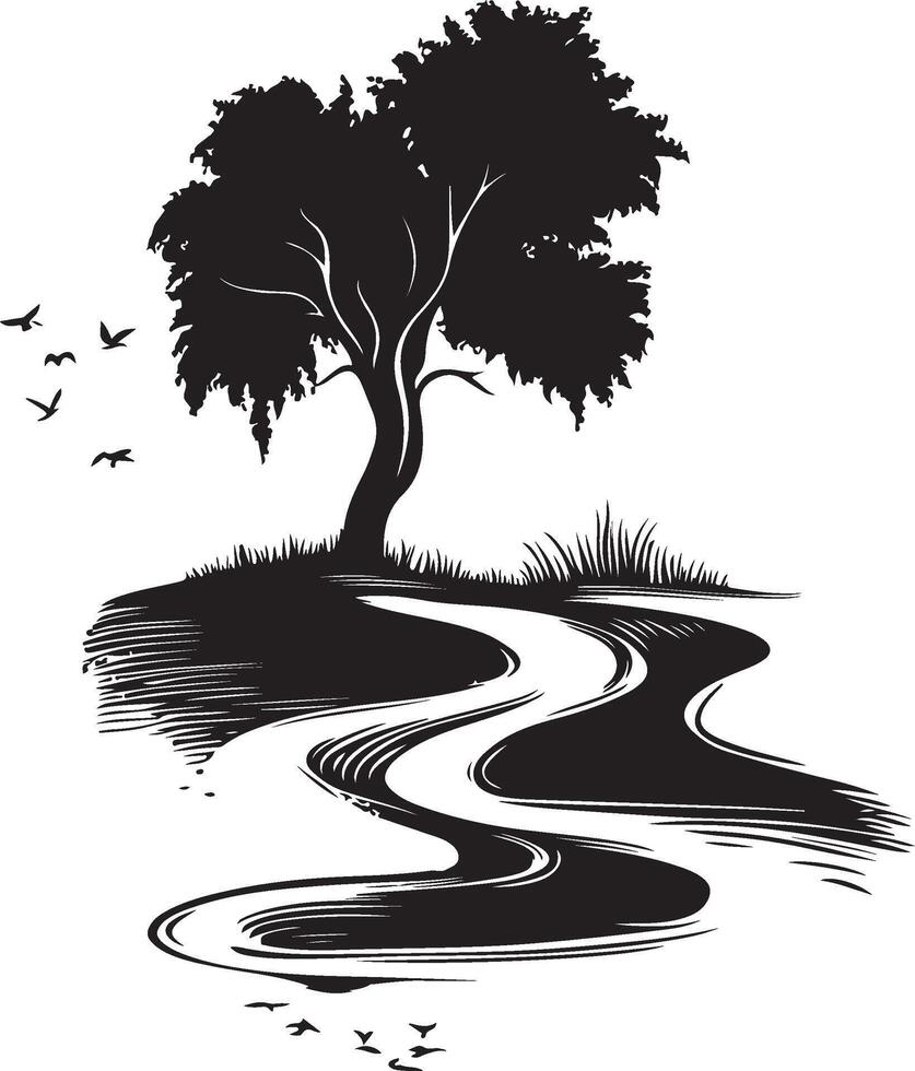 a tree with birds flying over it and water flowing through it vector