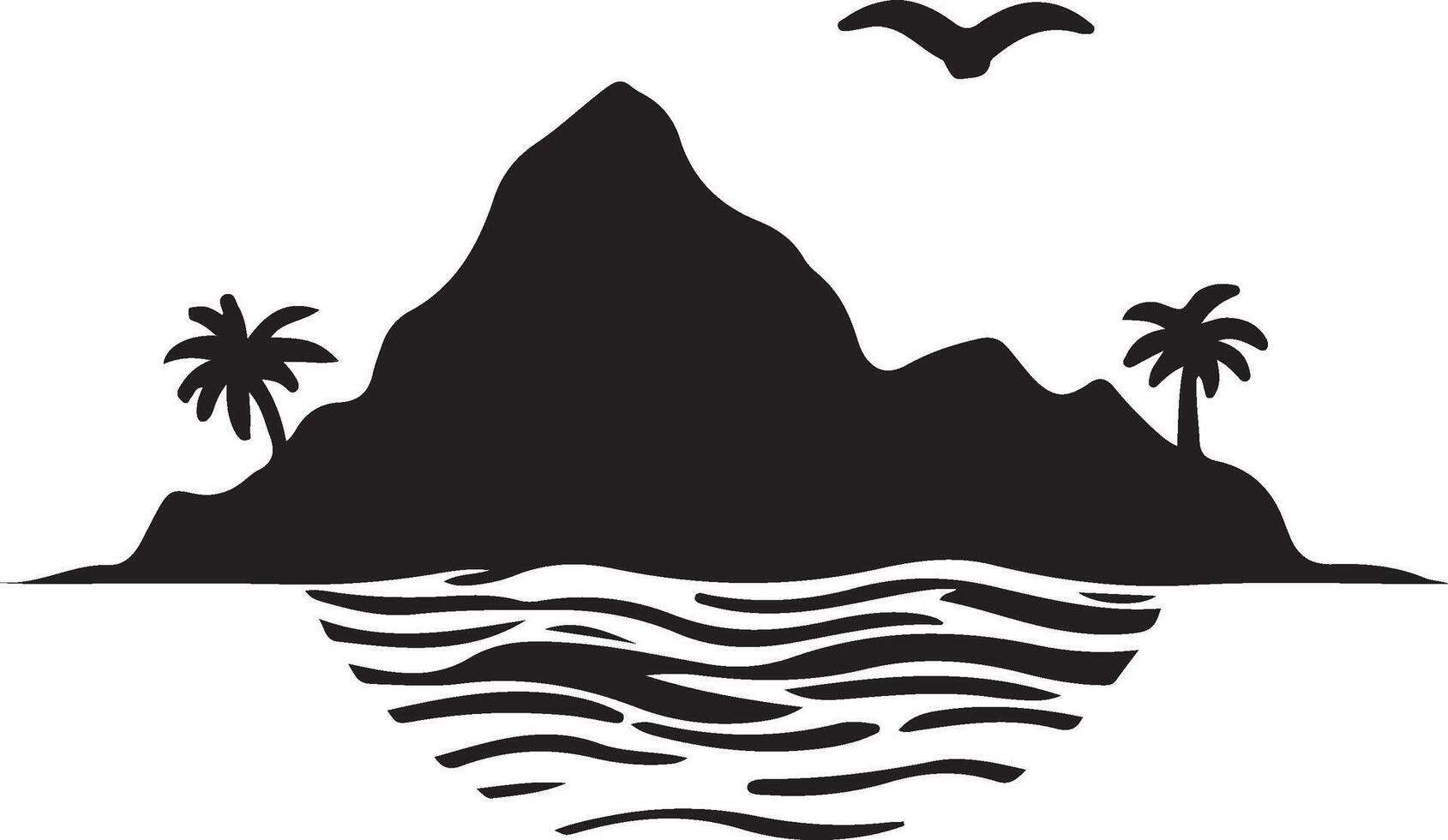 a silhouette of a mountain and palm trees in the ocean vector