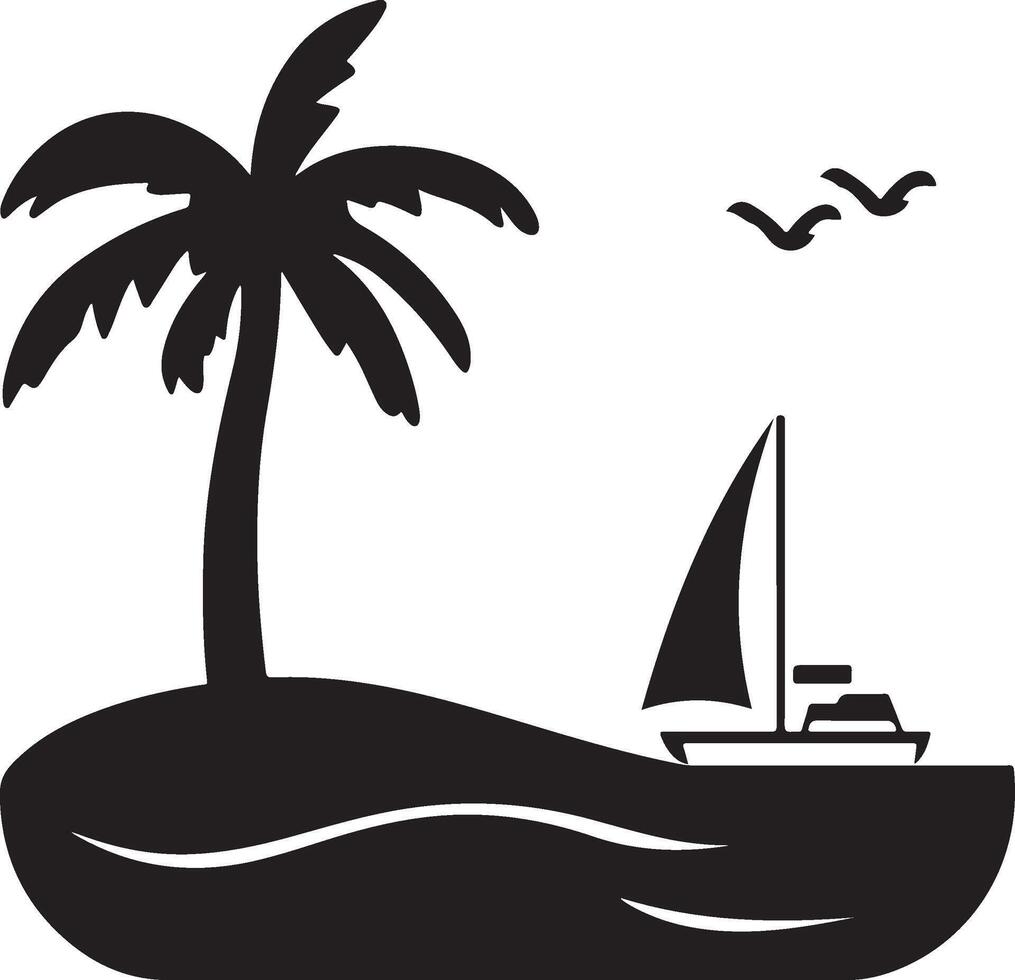 a black and white illustration of a palm tree and sailboat vector