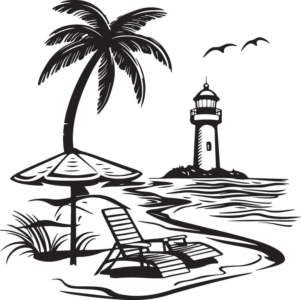 a black and white drawing of a beach scene with a lighthouse and palm trees vector