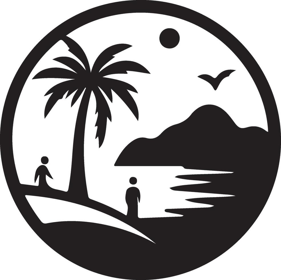 a black and white logo of a beach with palm trees and a man and woman vector