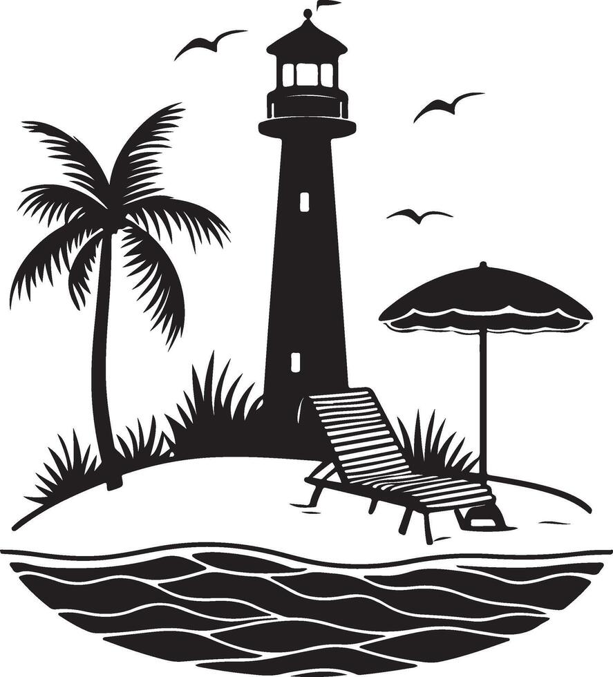 lighthouse on the beach with palm trees and chairs vector