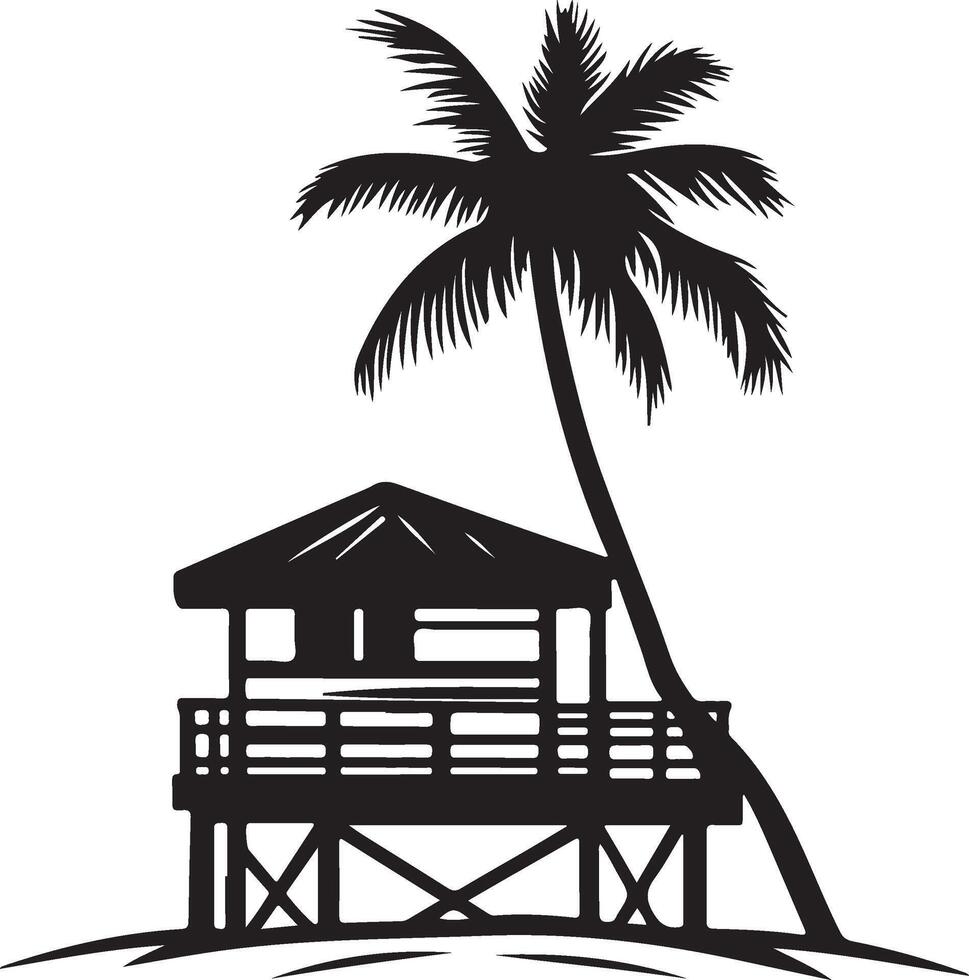 a silhouette of a lifeguard station and palm tree vector