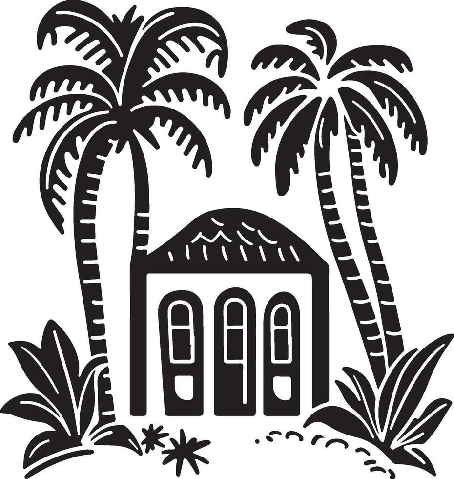 a black and white drawing of a house with palm trees vector