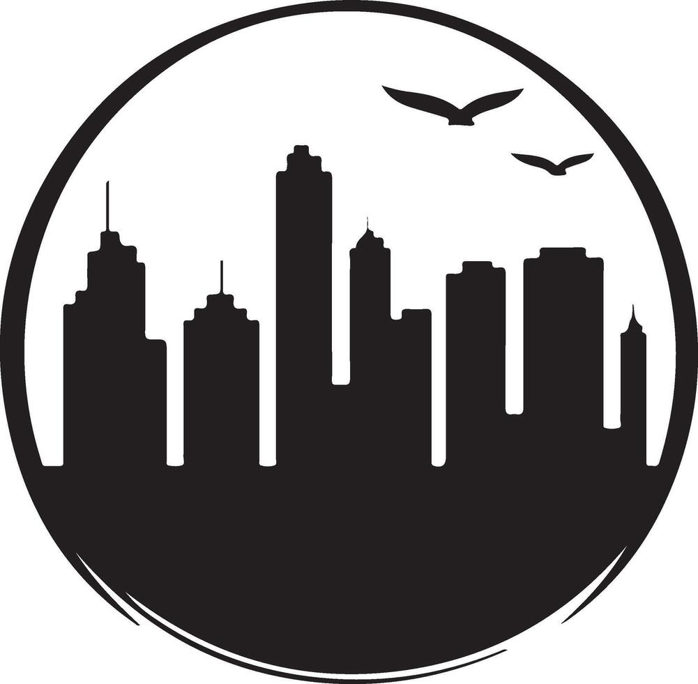 a black and white city skyline with birds flying over it vector