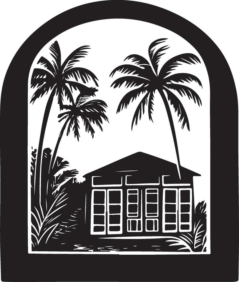 a black and white illustration of a house with palm trees vector